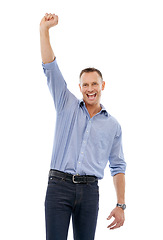 Image showing Portrait, winner and celebration of business man in studio isolated on a white background. Winning, achievement and happy mature male celebrating goals, company targets or victory, triumph or success