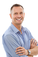 Image showing Business man, happy in portrait with arms crossed and smile, career success and leader isolated on white background. Male, positive mindset in studio and leadership with professional growth