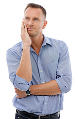 Image showing Thinking, idea and pensive man in a studio daydreaming, wondering and being thoughtful. Contemplating, mature and handsome male model posing with a question while isolated by a white background.