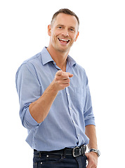 Image showing Comic, confident and portrait of a man pointing for comedy isolated on a white background. Happy, pride and mature handsome guy with hand gesture for greeting and giving motivation on a backdrop