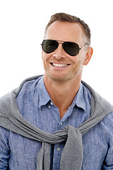 Image showing Handsome, cool and portrait of a man with sunglasses isolated on a white background in studio. Happy, confident and relaxed mature guy with confidence, style and shades for summer on a backdrop