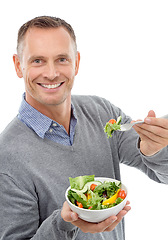 Image showing Salad, vegetable and man studio portrait for healthy food with nutrition for health. Happy model person with vegan lunch or brunch bowl isolated on a white background with a fork for wellness