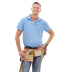 Image showing Handyman, repairman and portrait of man in studio with a tool belt for repairs or maintenance. Happy, smile and full length of male industrial worker standing with tools isolated by white background.