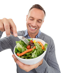 Image showing Salad, healthy eating and diet of a man in studio with vegetable food with nutrition for health. Happy model person with vegan lunch or brunch isolated on a white background with a fork for wellness