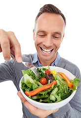 Image showing Happy man, salad and vegetable in studio for healthy food with nutrition for health. Zoom of comic model person with vegan lunch or brunch bowl isolated on a white background with a fork for wellness