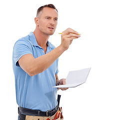 Image showing Inspection, writing and contractor man isolated on a white background notebook, planning and project management. Professional construction worker, carpenter or handyman person mockup notes in studio