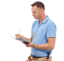 Image showing Handyman, contractor or man writing isolated on a white background with notebook, invoice and carpenter tools. Professional construction worker, model or person notes for career services in a studio