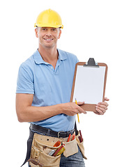 Image showing Sign up, contract and construction worker with a clipboard for a deal and asking for information and details. Portrait of handyman, employee or builder with a survey isolated in white studio