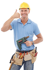 Image showing Call gesture, portrait man and construction worker, handyman or contractor with drill, tools or industry equipment. Safety PPE, emoji contact sign or happy studio builder isolated on white background