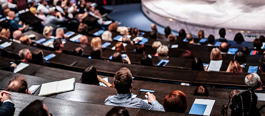 Image showing Business and entrepreneurship symposium. Audience in conference hall. Rear view of unrecognized participant in audience.