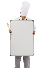 Image showing Chef man with mockup board isolated on a white background for empty menu and culinary career services. Professional cooking or bakery person with whiteboard, presentation and ideas in studio mock up