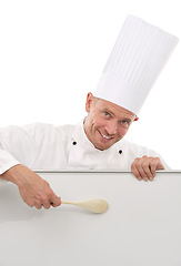 Image showing Chef, portrait and menu poster of a man with mockup space, banner or billboard for advertising food. Happy person with board sign and spoon for restaurant or cafe promotion white background in studio