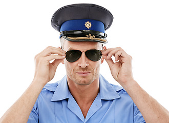 Image showing Security, officer and face of police with sunglasses on white background for authority, public safety and crime. Justice, law enforcement and portrait of policeman, traffic cop and guard in studio