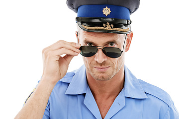 Image showing Security, crime and portrait of police with sunglasses on white background for authority, public safety and laws. Justice, law enforcement officer and face of policeman, traffic cop and service guard