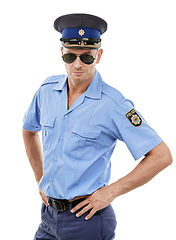 Image showing Officer, security and portrait of police on white background for authority, public safety and crime. Justice, law enforcement and isolated policeman, traffic cop and guard with hands on hip in studio