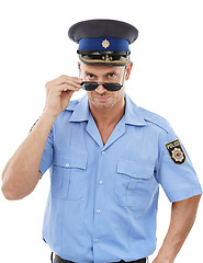 Image showing Security, crime officer and portrait of police on white background for authority, public safety and laws. Justice, law enforcement and isolated policeman, traffic cop and guard face with sunglasses