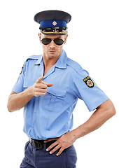 Image showing Security, officer and portrait of police point on white background for authority, public safety and crime. Justice, law enforcement and isolated policeman, traffic cop and guard with hand gesture