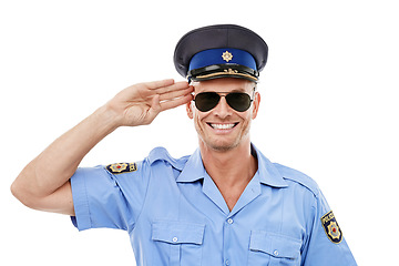 Image showing Security, salute and face of police smile on white background for authority, public safety and service. Community justice, law enforcement and isolated portrait of policeman, traffic cop and guard