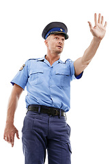 Image showing Police, stop and cop as legal professional or law enforcement with authority isolated against a studio white background. Man, gesture and officer in uniform for public service as safety or protection