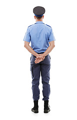 Image showing Police, law and rear view of man in studio for crime, protection and safety against white background. Security, authority and back of male official ready for crime, justice and protection isolated