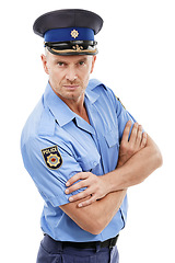 Image showing Safety, security and portrait of police with crossed arms on white background for authority, leadership and justice. Law enforcement, public service and isolated guard, policeman and cop in uniform