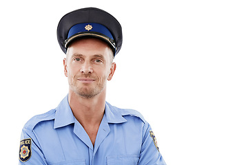 Image showing Security, safety and portrait of police with smile on white background for authority, leadership and pride. Law enforcement, justice and isolated face of guard, policeman and officer happy in uniform