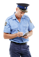 Image showing Parking fine, ticket and police writing on white background with notepad for traffic notice, crime and safety. Justice, law enforcement and isolated policeman, security guard and officer write notes