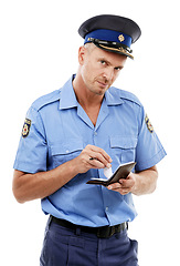 Image showing Parking fine, ticket and portrait of police writing on notepad for traffic laws, crime and public service. Justice, law enforcement and face of policeman, security guard and safety officer with paper