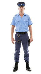 Image showing Studio man, portrait and police officer for justice law enforcement, public safety or security service. Gun, criminal handcuffs or violence protection guard of crime hero isolated on white background