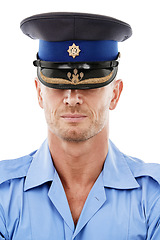 Image showing Law, police and front of man in studio for crime, protection and safety against white background. Security, authority and headshot of male official ready for crime, justice and protection isolated