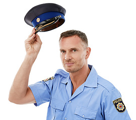 Image showing Portrait, police officer and man isolated on a white background, hat for leadership or safety in studio mockup. Security, law and compliance, professional person or attractive model in legal uniform