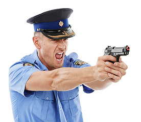 Image showing Angry man, police officer and shooting gun standing isolated on a white studio background. Male security guard or detective holding firearm or weapon screaming the law to stop crime or violence