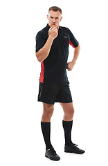 Image showing Referee man, portrait and angry whistle blow, soccer foul and warning in match or game isolated on white background. Sports, fitness and compliance, rules and male in studio with football penalty