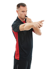 Image showing Referee, sport and man blowing whistle, pointing or gesture .in studio warning, sign or message on white background. Sports, coach and hand for rules, compliance and caution while training isolated