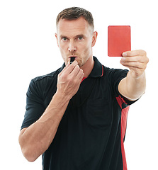 Image showing Referee portrait, red card and whistle for hand warning for soccer rules, penalty or fail in studio. Football coach sign for mistake or caution for competition game isolated on a white background