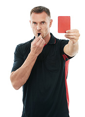 Image showing Referee man, red card and whistle portrait with hand warning for soccer rules, penalty or fail in studio. Fitness coach sign for mistake or caution for competition game isolated on a white background