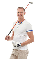 Image showing Sports, golf and portrait of man in studio isolated on a white background ready to start game. Training, golfer and mature male holding ball and club driver for golfing workout, exercise and fitness.