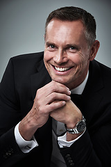 Image showing Portrait of mature man, tuxedo and smile, handsome face and serious isolated on grey background in studio. Luxury, glamour and wealth, success and elegant celebrity actor or valentines day date.