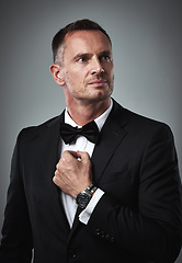 Image showing Fashion, success and mature man in tuxedo, handsome online dating profile picture isolated on grey background in studio. Luxury, rich elegant celebrity actor style and date for valentines day.