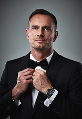 Image showing Studio portrait of gentleman in tuxedo, fixing tie and serious, isolated on grey background. Luxury, fashion and and man with wealth, success and celebrity actor style, date for valentines day.