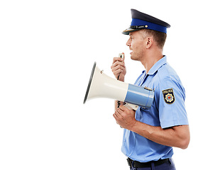 Image showing Justice man, megaphone or police officer speech for service announcement, legal law or studio crime. Safety profile, security communication speaker or talking hero isolated on mockup white background