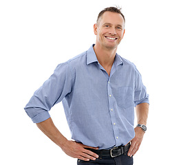 Image showing Portrait, smile and business man in studio isolated on a white background. Boss, ceo and confident, proud and happy middle aged male entrepreneur from Canada with vision, mission and success mindset.