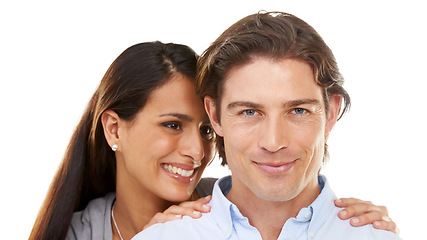 Image showing Valentines day, love and couple on a date hugging in happiness and happy isolated in a studio white background. Portrait, lovers and man with woman for romance in a relationship together