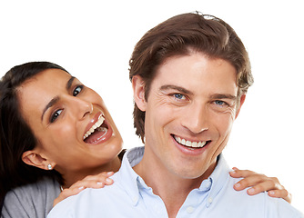 Image showing Portrait, face and couple happy and smiling together with love, care and happiness isolated in studio white background. People, man and woman relax and enjoying quality time feeling excited