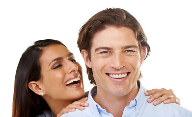 Image showing Portrait, love and happy couple together on a date hugging in happiness and smiling isolated in a studio white background. Portrait, lovers and man with woman for romance in a relationship