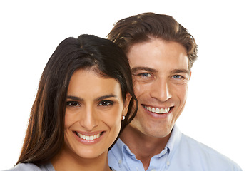 Image showing Valentines day, portrait and couple together on a date hugging in happiness and happy isolated in a studio white background. Love, lovers and man with smiling woman for romance in a relationship