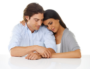Image showing Couple touch, hand holding and love of adult romance in studio with white background. Smile, happiness and care of woman and man together with diversity and relax lifestyle feeling happy and calm