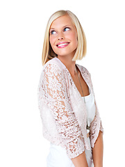 Image showing Woman, thinking and happy model with casual fashion in isolated white background. Studio, smile and young person with happiness and a smile with mock up in a studio and a beautiful female alone