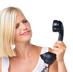 Image showing Phone, telephone and confused woman annoyed at a call discussion, communication and conversation. Frustrated, scam and spam on female looking puzzled by isolated against a studio white background