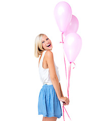 Image showing Pink balloons, smile and portrait of woman in studio for valentines day, birthday gift and present. Fashion, beauty and isolated happy girl for party, celebration or anniversary on white background